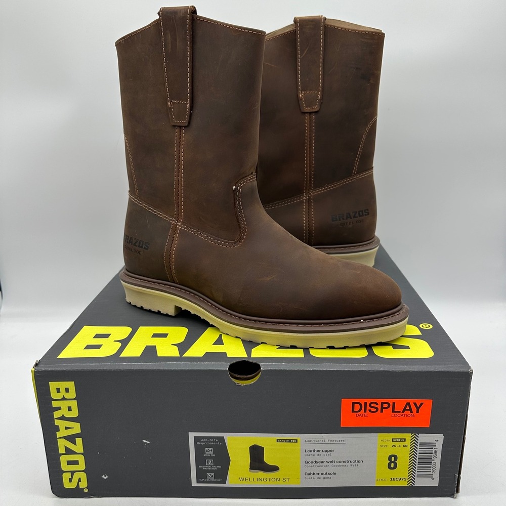 Brazos 181973 Wellington ST Mens Size 8 M Steel Toe Brown Leather Work Boots